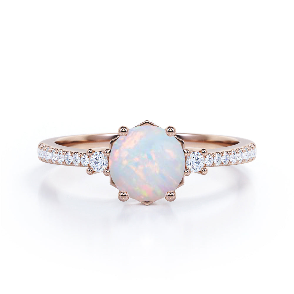 Contemporary 3 stone 1.2 carat Round cut Ethiopian Opal and diamond basket setting low basket setting engagement ring in White gold