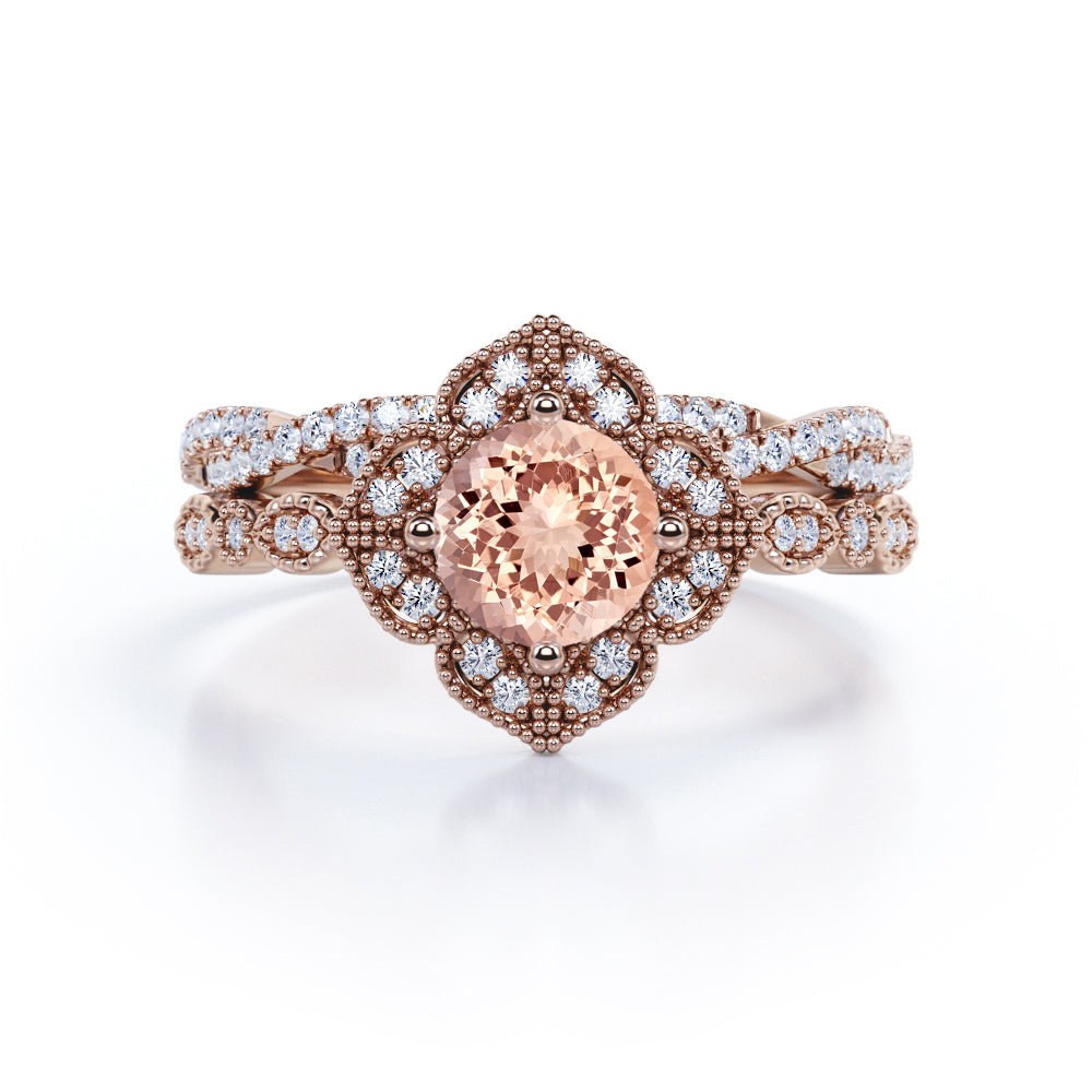 Half-infinity 1.50 carat Round cut Morganite and diamond blossom engagement ring and wedding band set for women