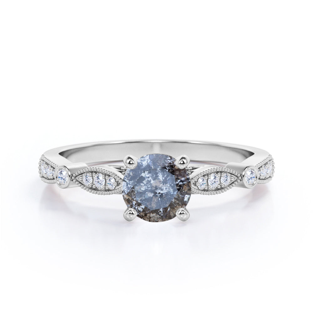 Royal Cathedral setting 0.75 carat Round cut Salt and pepper diamond and White diamond vintage engagement ring in Black gold