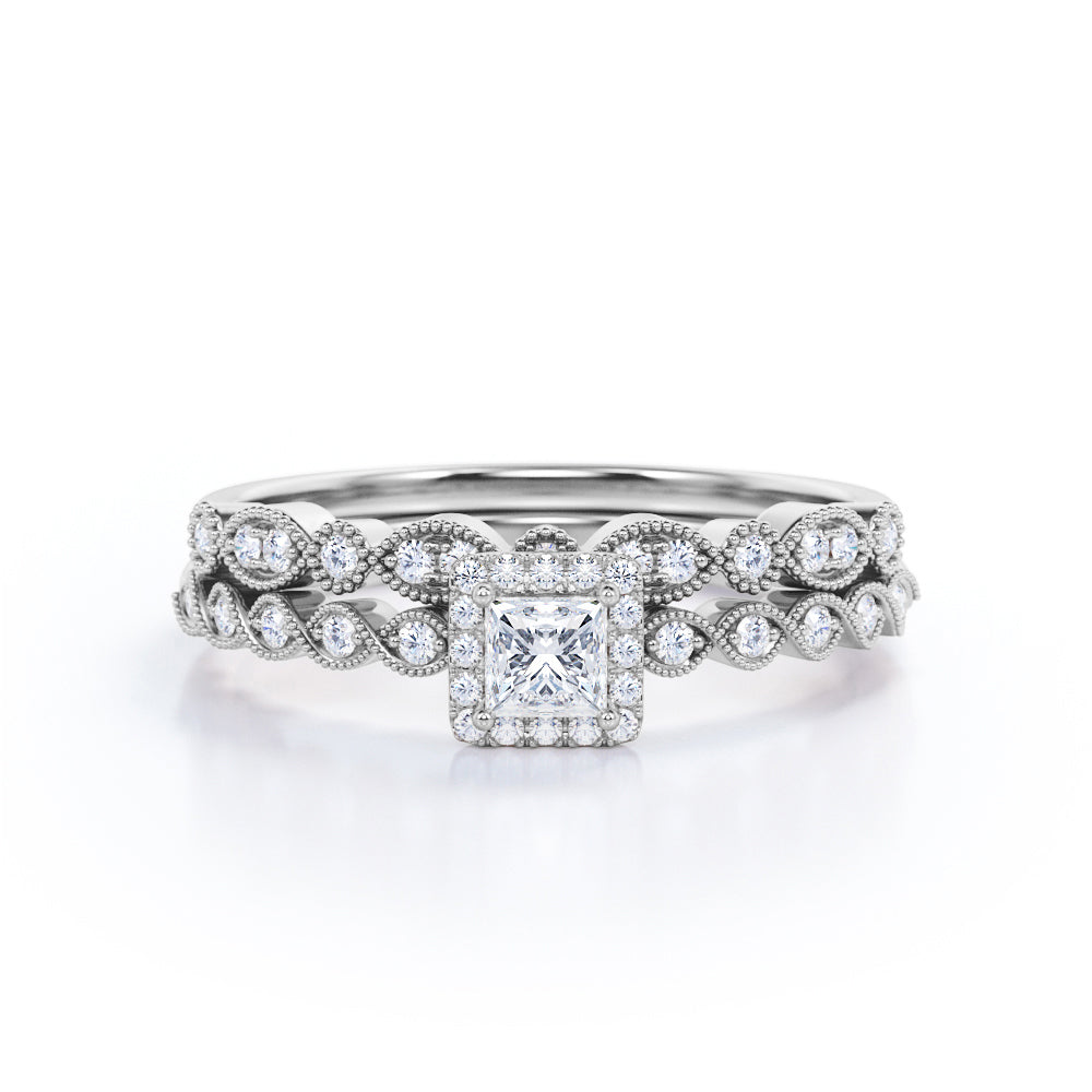 Antique twisted style 1 carat Princess cut Moissanite and diamond art deco halo wedding ring set in Rose gold