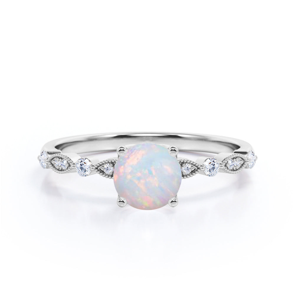 Classic Cathedral set 1.1 carat Round cut Opal and diamond milgrain marquise and dot engagement ring in Rose gold