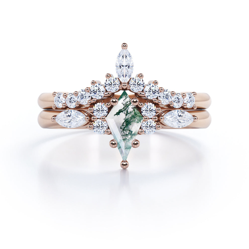1.3 carat Kite Shaped Moss Green Agate and diamond chevron wedding ring set in White gold