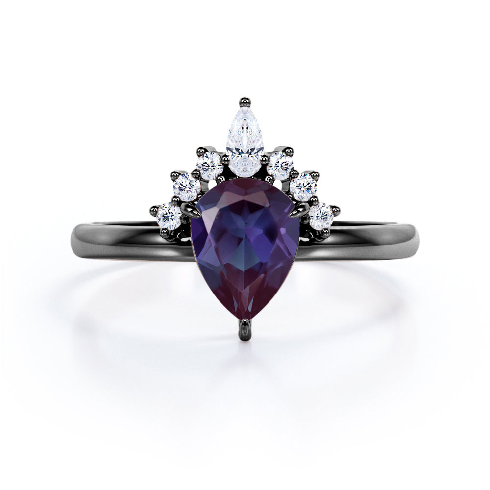 Elegant tiara 1.15 carat Pear shaped Lab made Alexandrite and diamond 3 prong engagement ring in White gold