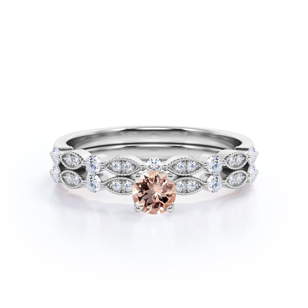 Vintage Antique Design 0.8 carat Round cut Pink Morganite and diamond bridal set for women in Yellow gold