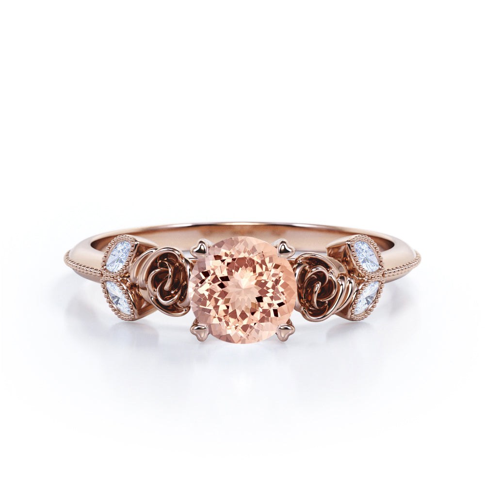 Romantic Roses 1.1 carat Round cut Morganite and diamond marquise milgrain engagement ring in Black gold
