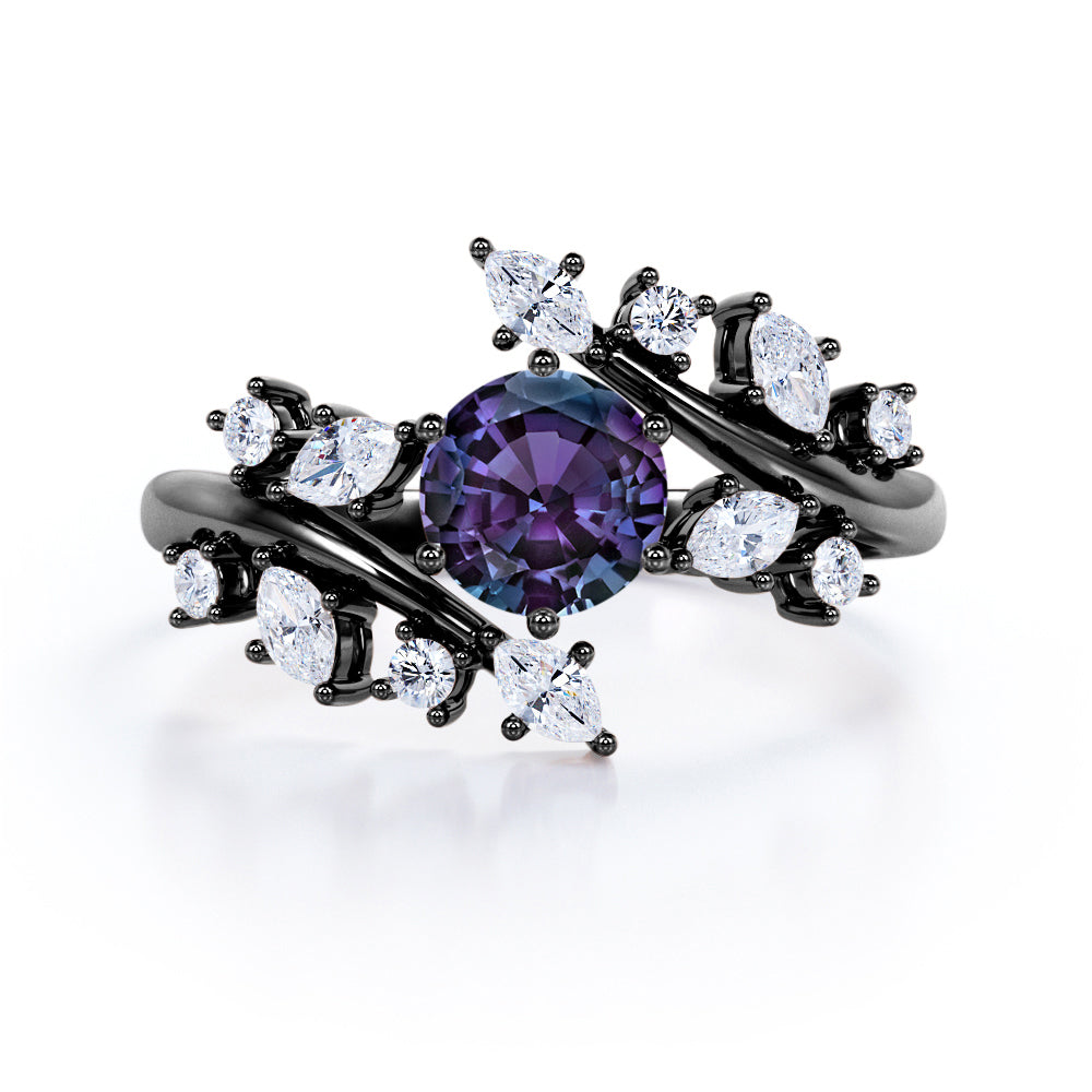 Art Nouveau 1.25 carat Round cut Alexandrite and diamond floral inspired engagement ring in White gold