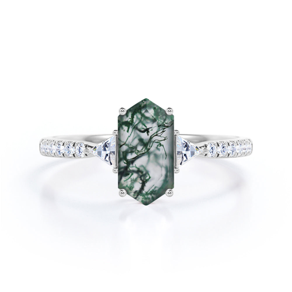 Modern Trillion 1.25 carat Hexagon shaped Moss Green Agate and diamond eternity style engagement ring in Rose gold