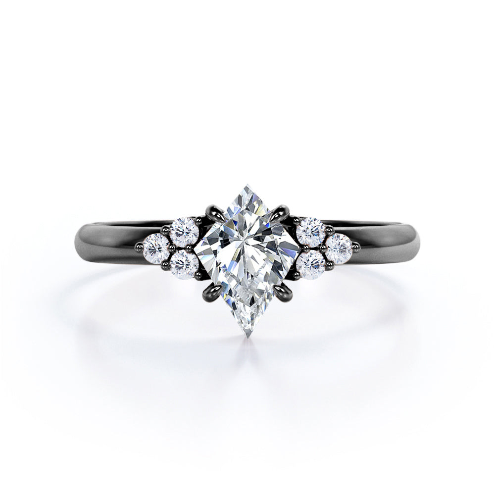 Unique Claw prong 1 carat Kite shaped Moissanite and diamond vintage style engagement ring in White gold