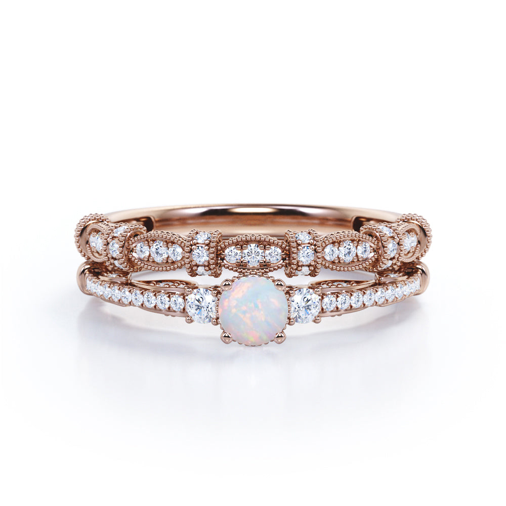 Antique Bead décor 1.7 carat Round cut Ethiopian Opal and diamond art nouveau style wedding ring set in White gold