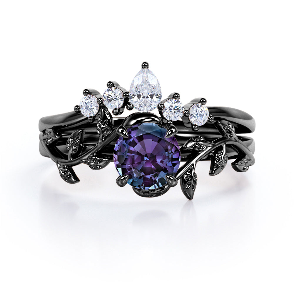 Floral Tiara 1.2 carat Round cut Lab created Alexandrite and diamond claw prong engagement ring in White gold