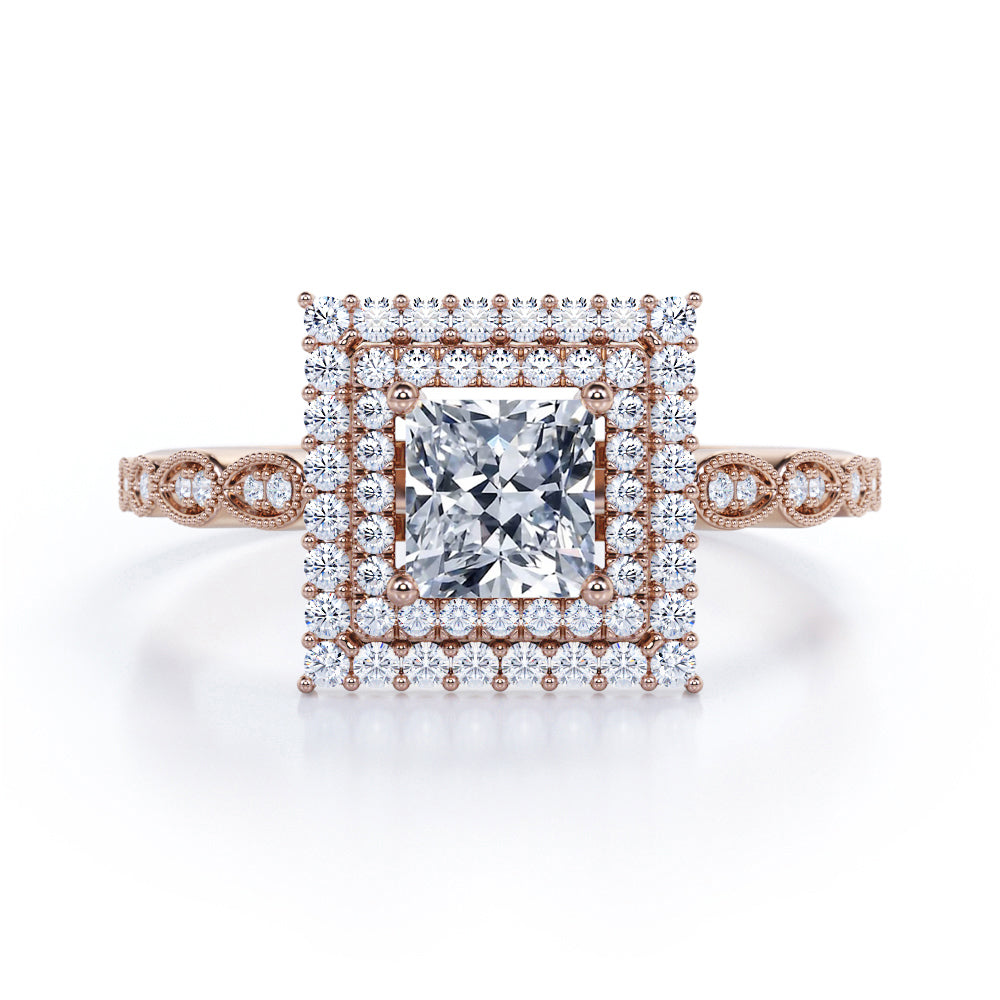Antique inspired 1.75 carat Princess cut Moissanite and diamond double halo engagement ring in White gold