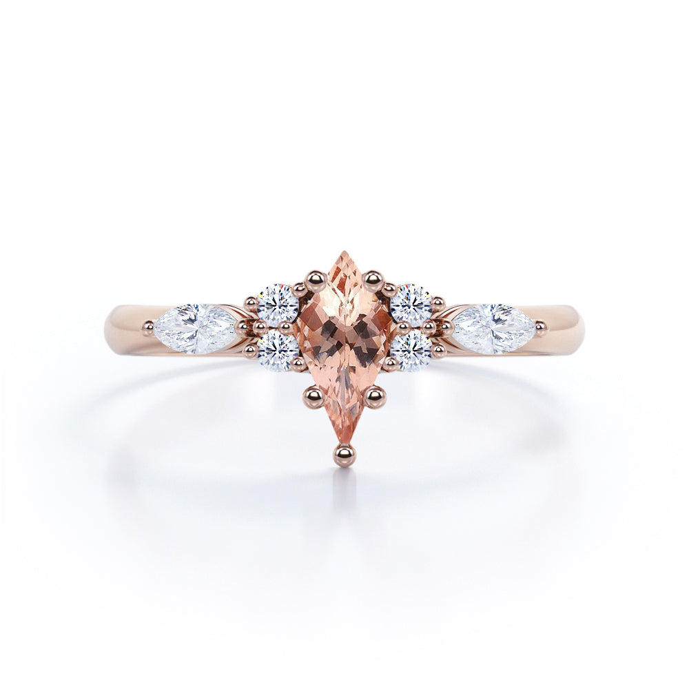 Trendy 1.25 carat Kite shaped Morganite and diamond button prong setting-seven stone promise ring for women in White gold