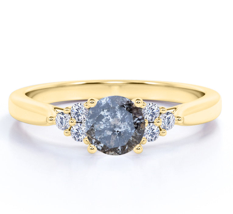 Classic 7 Stone 0.45 carat Round Shaped Salt and Pepper Diamond and White Diamond Plain shank Classic Engagement Ring in Rose Gold