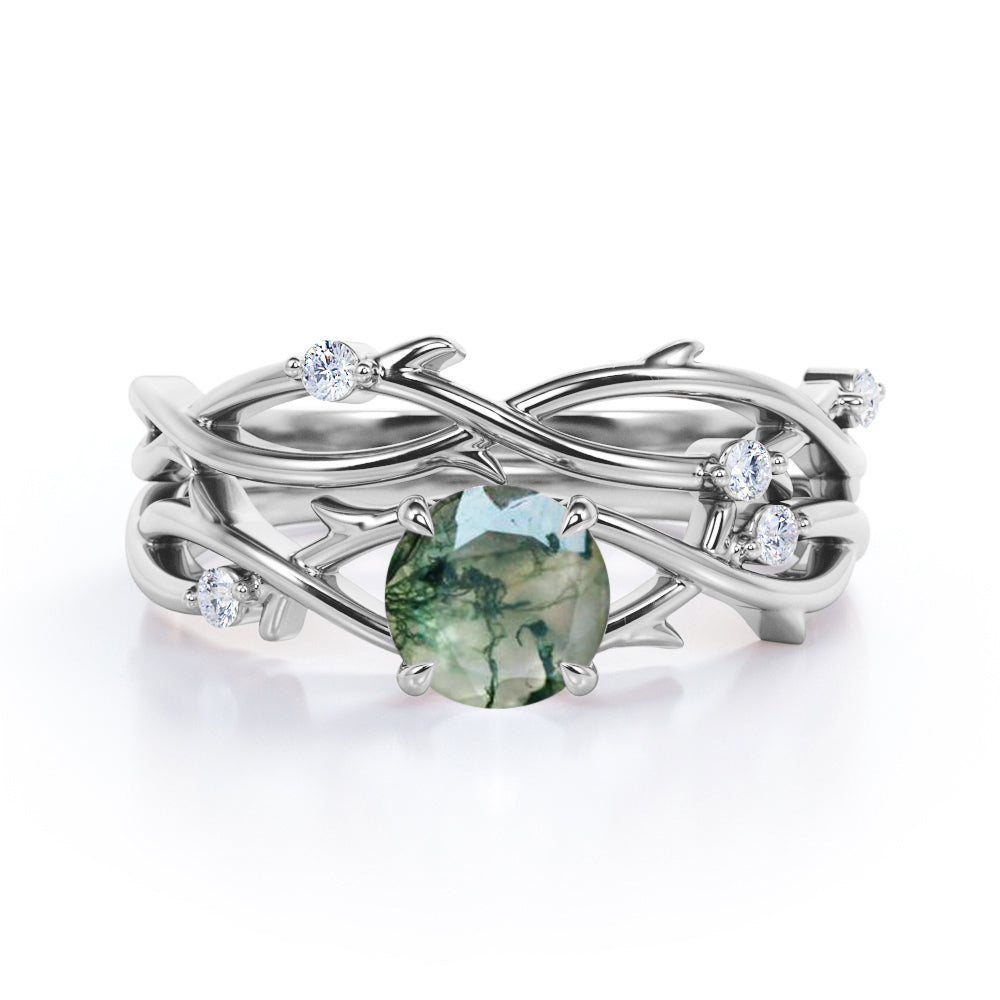Dainty twig Branch 1.1 carat Round cut Moss Green Agate and diamond floral style wedding ring set in Black gold