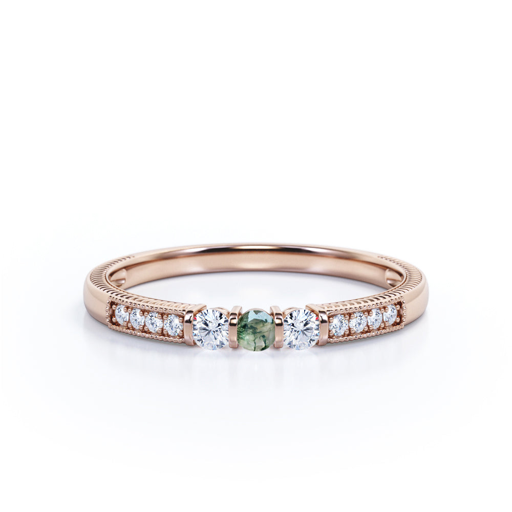 Delicate Filigree and bead décor 0.45 carat Round cut Moss Green Agate and diamond vintage style engagement ring in White gold