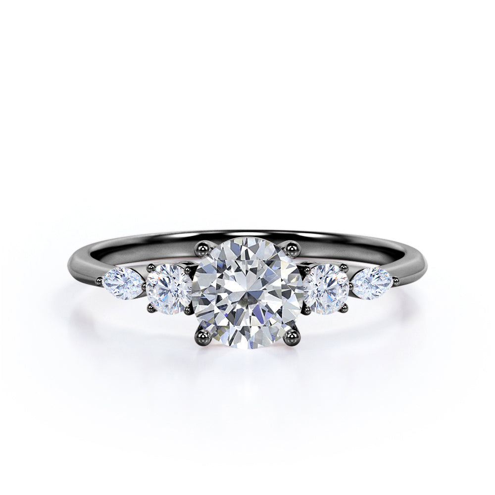 Basket setting 1.15 carat Round shaped Moissanite and diamond 5 stone engagement ring in White gold