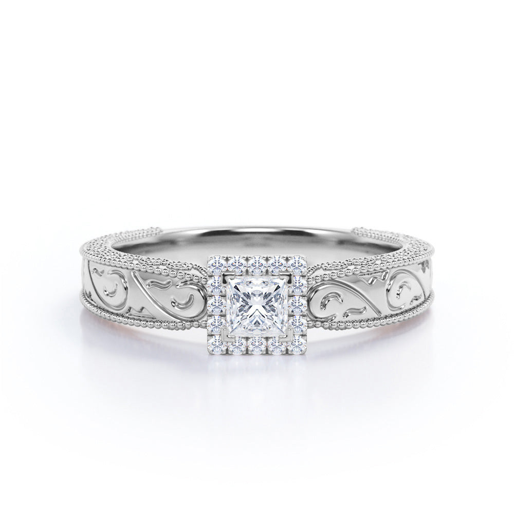 Square halo 0.7 carat Princess cut Moissanite and diamond wide shank engagement ring in Rose gold