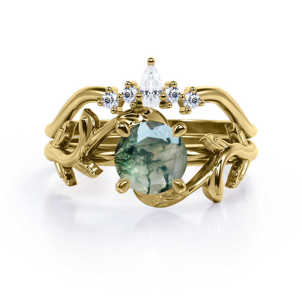 Earthy Tiara style 1.2 carat Round cut Moss Green Agate and diamond nature inspired wedding ring set in Rose gold