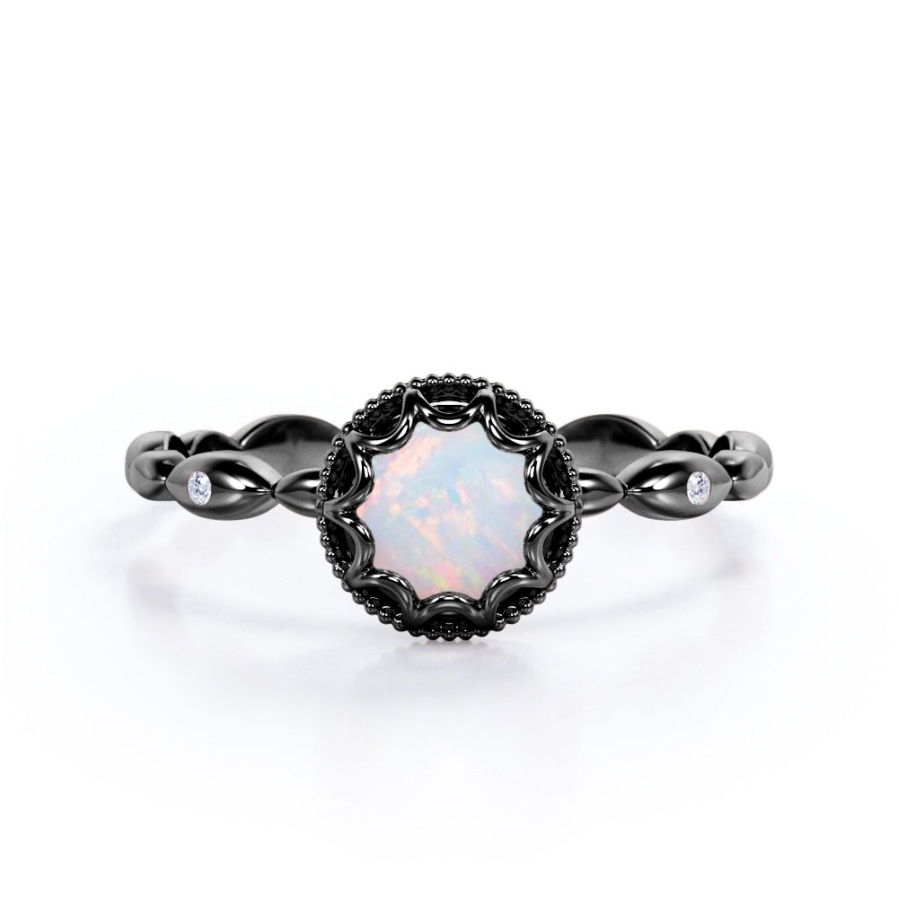 Scalloped halo 1 carat Round cut Ethiopian Opal milgrain edge engagement ring in Rose gold