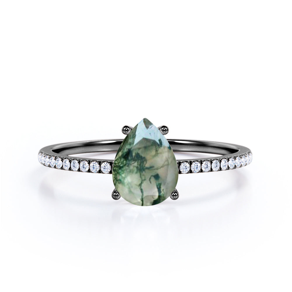 Simple Basket set 1.25 carat Pear shaped Moss Green Agate and diamond engagement ring in White gold
