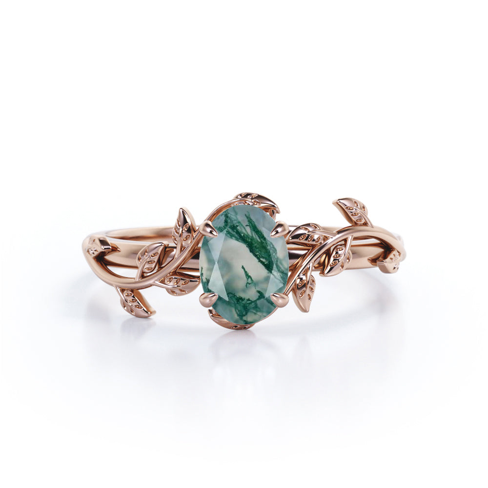 Stylish 1 carat Oval cut Moss Green Agate tree Branch Engagement ring for women in White gold - Promise ring