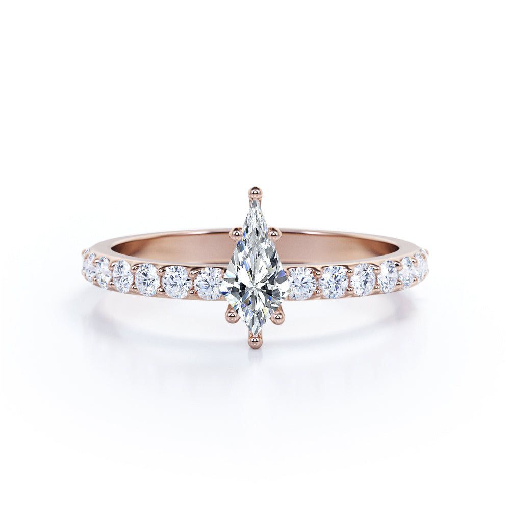 Minimalist 0.7 carat Kite shaped Moissanite and diamond 6 prong engagement ring in White gold