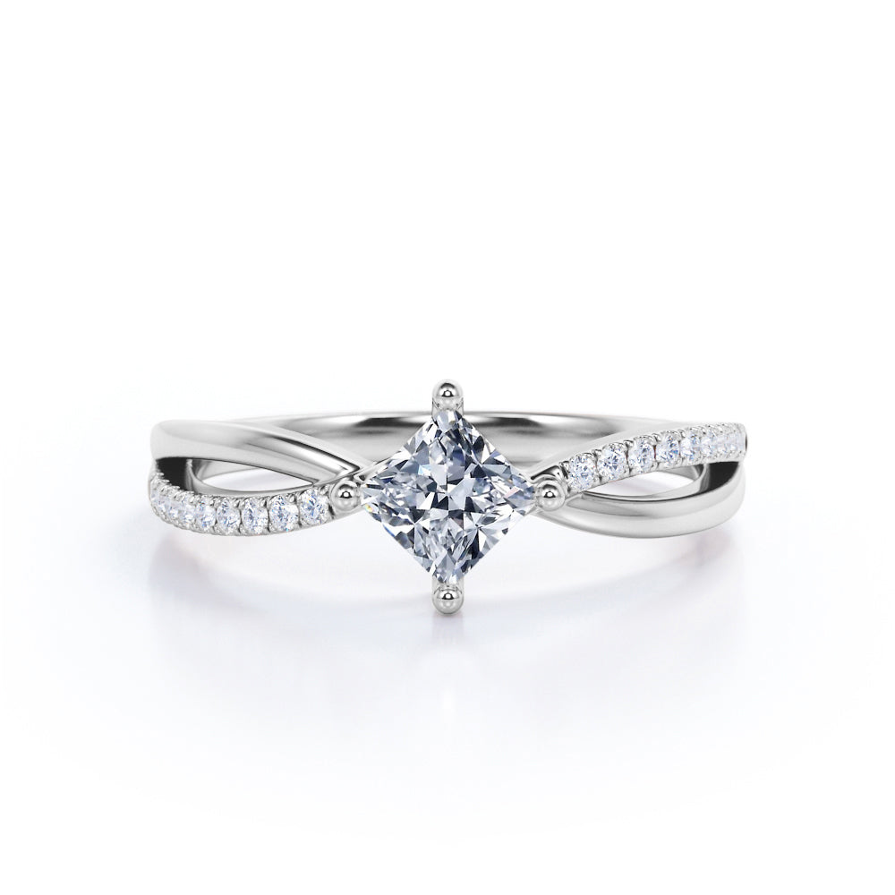 Modern 1.15 carat Princess cut Moissanite and diamond-compass four prong-split shank engagement ring for women