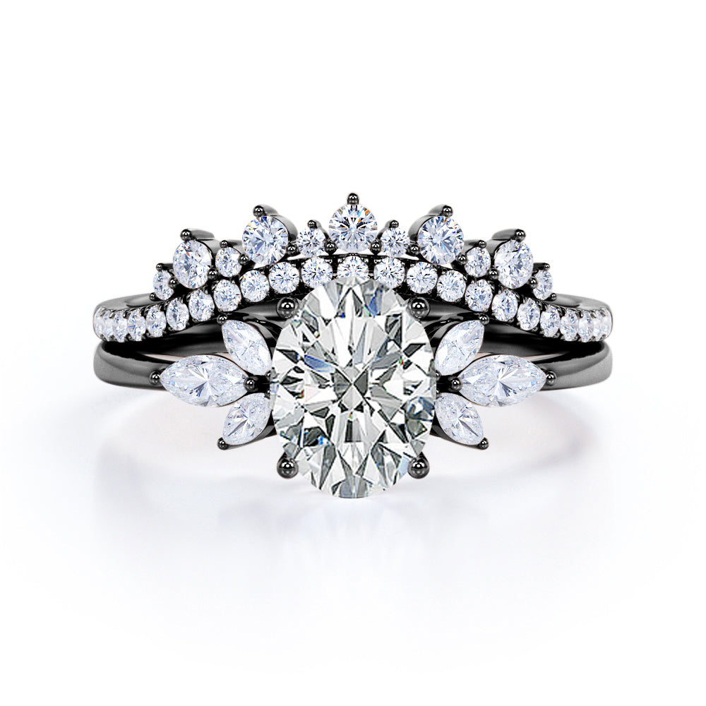 Vintage Sparkle 1.4 carat Oval cut Moissanite and diamonds chevron Bridal set for her in White gold
