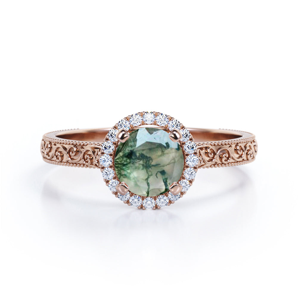 1.25 carat Round cut Moss Agate and diamond Edwardian filigree and halo engagement ring in Black gold