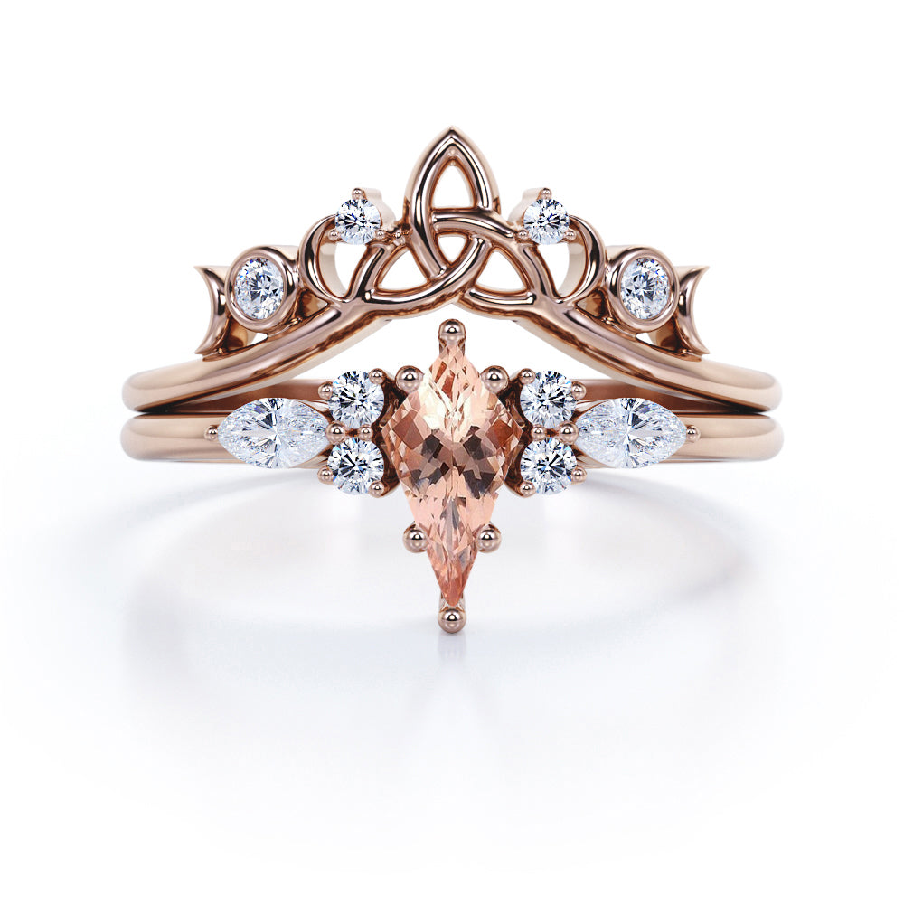 Triad Crown style 1.25 carat Kite shaped Morganite and diamond 6 prong setting wedding ring set in White gold