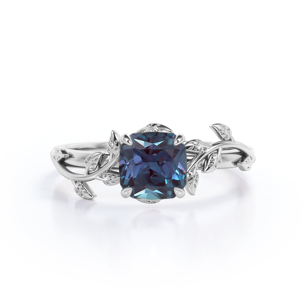 Solitaire 1 carat Cushion cut Synthetic Alexandrite and diamond floral wedding ring set for women in gold