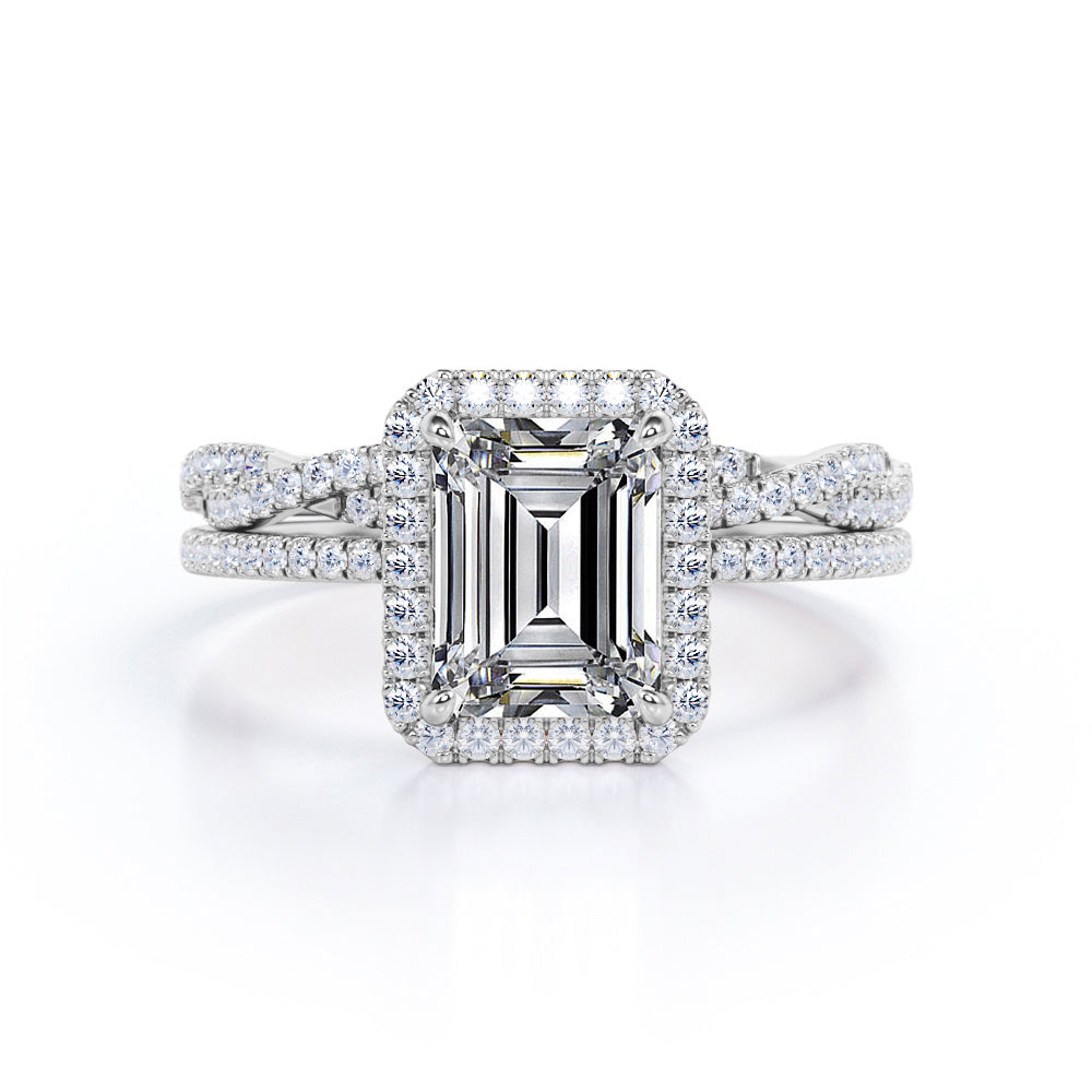 Unique pave set 1.7 carat Emerald cut Moissanite and diamond Halo wedding ring set in white gold