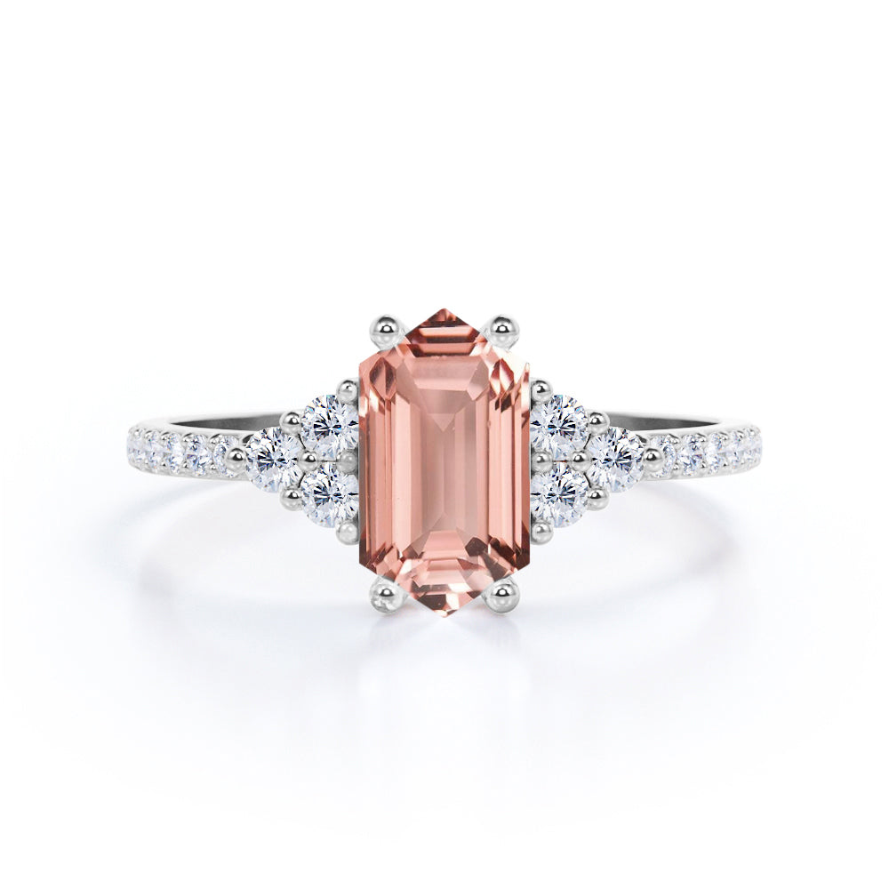 Elongated 1.5 carat Hexagon shaped Morganite and diamond pave eternity engagement ring in Black gold