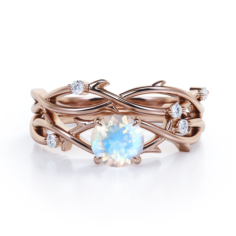 Eccentric nature inspired 1.15 carat Round cut Moonstone and diamond earthy Bridal set for women in White gold