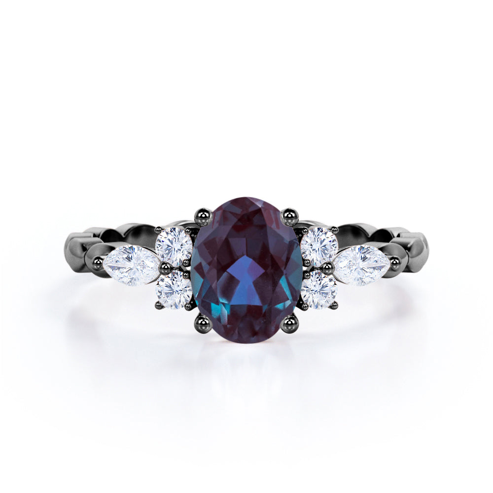 Scalloped bands 1.1 carat Oval cut Lab made Alexandrite and diamond prong style setting engagement ring in White gold