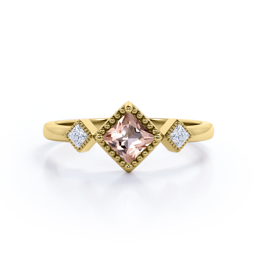 Vintage style 1.1 carat Princess cut Peach Morganite and diamond three stone Milgrain ring for women- Engagement ring in White gold