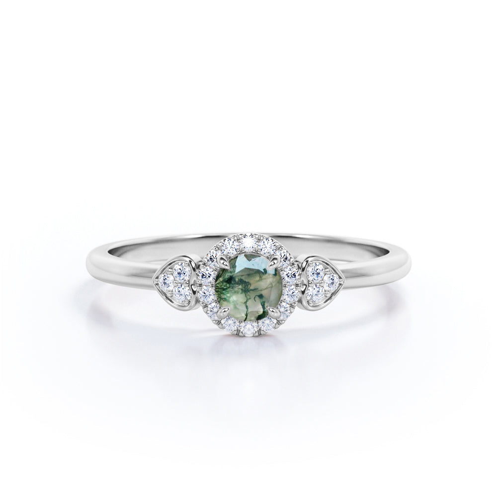 Halo Heart 0.7 carat Round cut Moss Agate and diamond 4 prong engagement ring in Rose gold