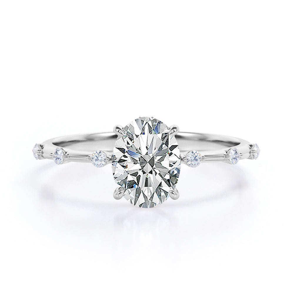 Delicate twig 1 carat Oval shaped Moissanite and diamond 7 stone engagement ring for her in rose gold