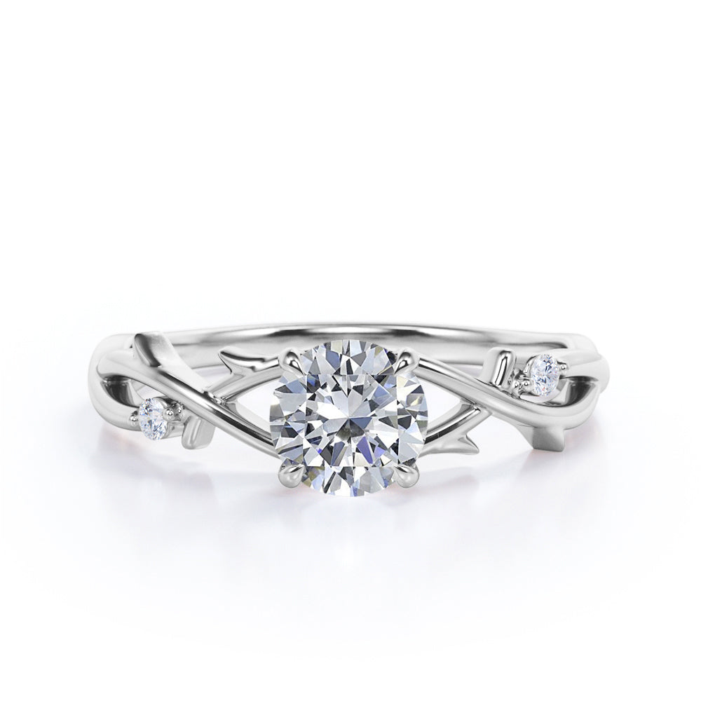 Branch leaf inspired 1 carat Round cut Moissanite and diamond solitaire engagement ring in rose gold