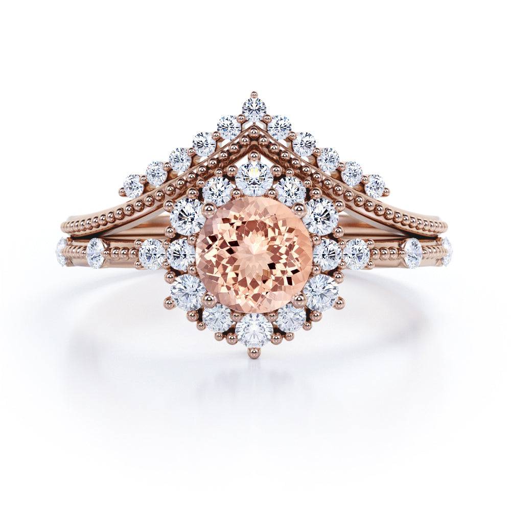 Contoured setting 1.65 carat Round cut Morganite and diamond Snowflake Milgrain Bridal set in Black gold