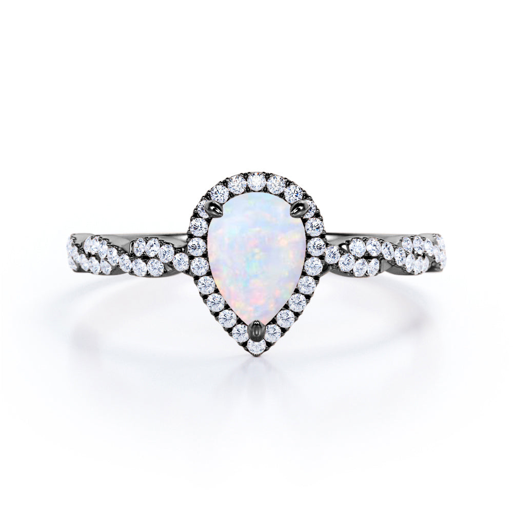 Antique infinity 1.5 carat Pear cut Australian Boulder Opal and diamond halo engagement ring in White gold