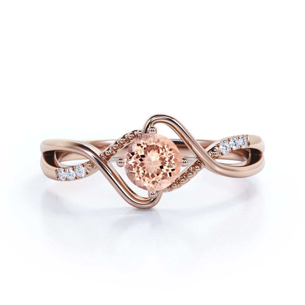 Infinity Twisted 1.15 carat Round cut Morganite and diamond Milgrain anniversary ring for women in Black gold
