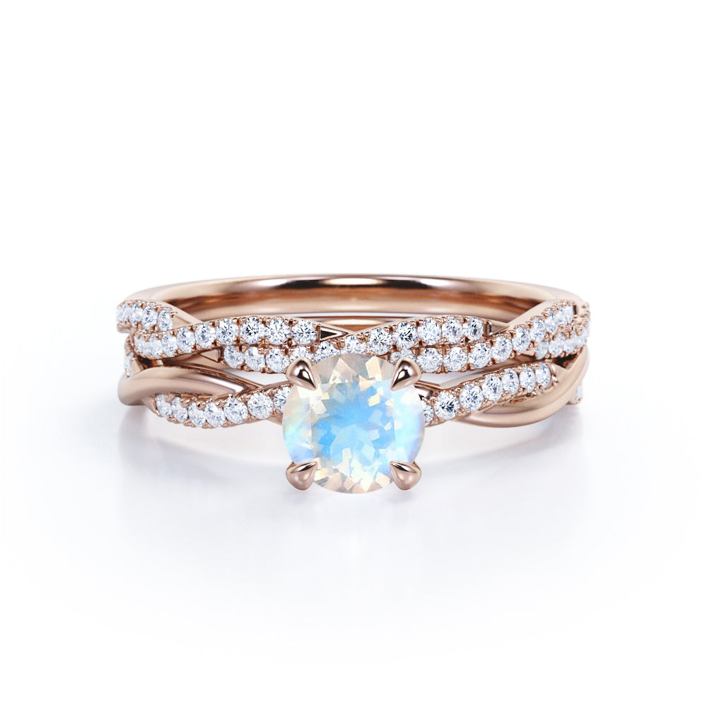 Twisted infinity 1.5 carat Round cut Prong setting Moonstone and diamond Wedding ring set for women in gold
