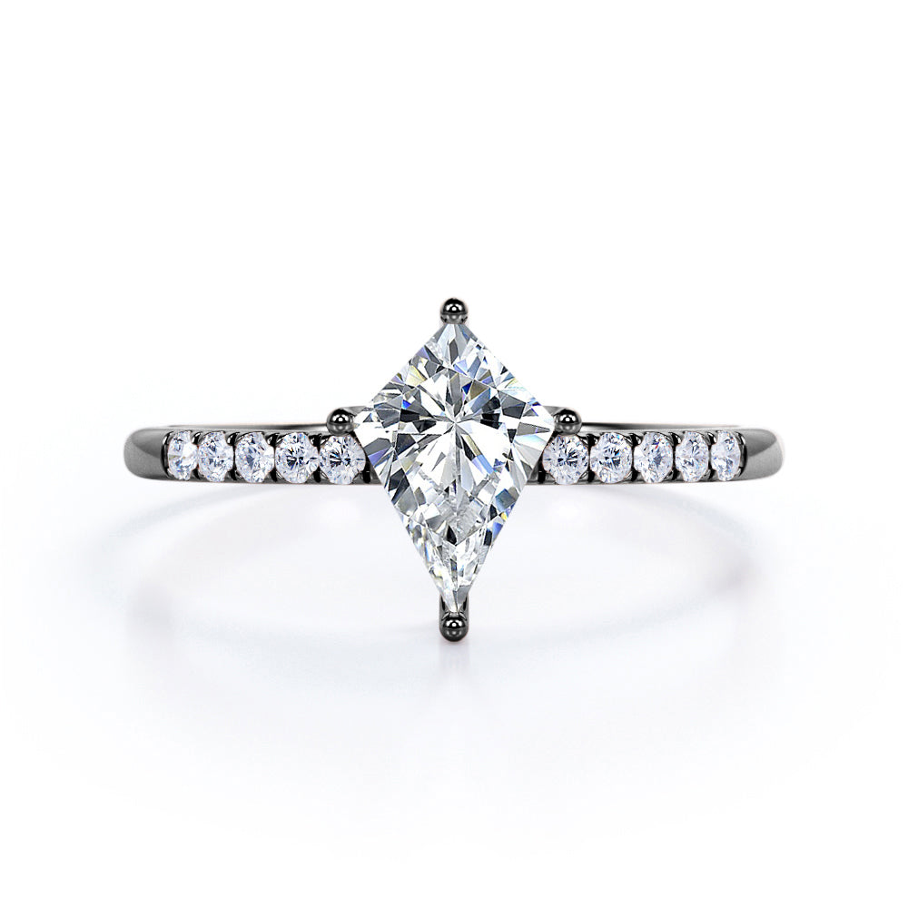 Pave style 1.1 carat Kite shaped Moissanite and diamond classic style engagement ring in white gold