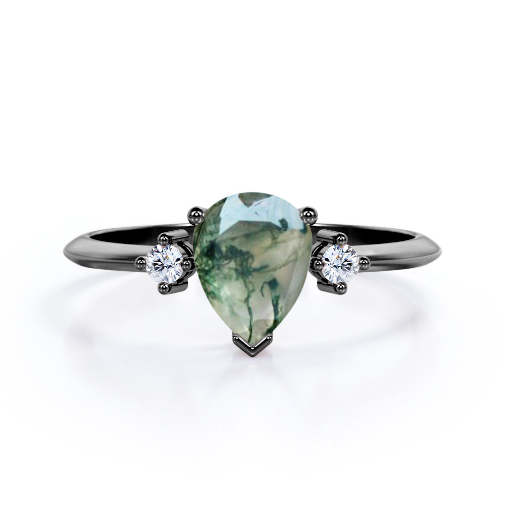 Vintage trinity 1.1 carat Pear cut Moss Green Agate and diamond pinched shank engagement ring in Rose gold