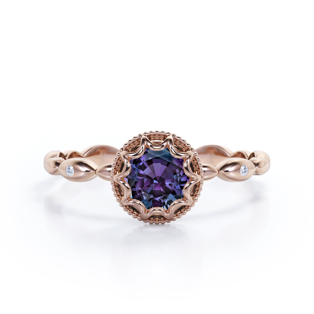 Vintage Scalloped 0.5 carat Round cut Synthetic Alexandrite and diamond milgrain halo engagement ring in White gold