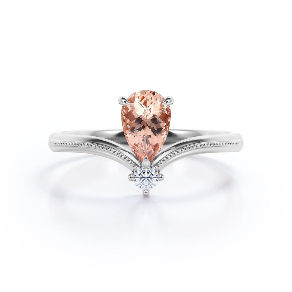 V-shape 1 carat Tear drop Morganite and diamond Milgrain engagement ring in White gold