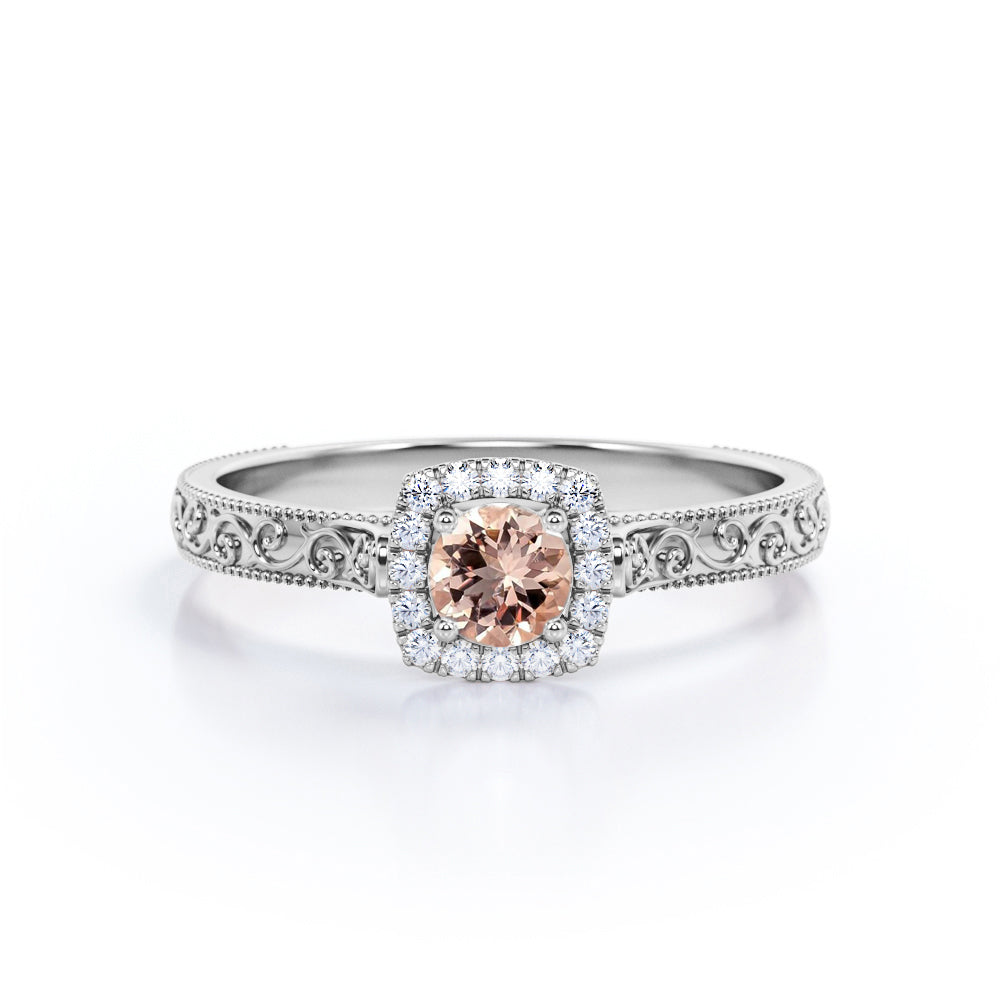Victorian Filigree 0.9 carat Round cut Morganite and diamond halo Milgrain halo engagement ring set in Rose gold-Bridal set