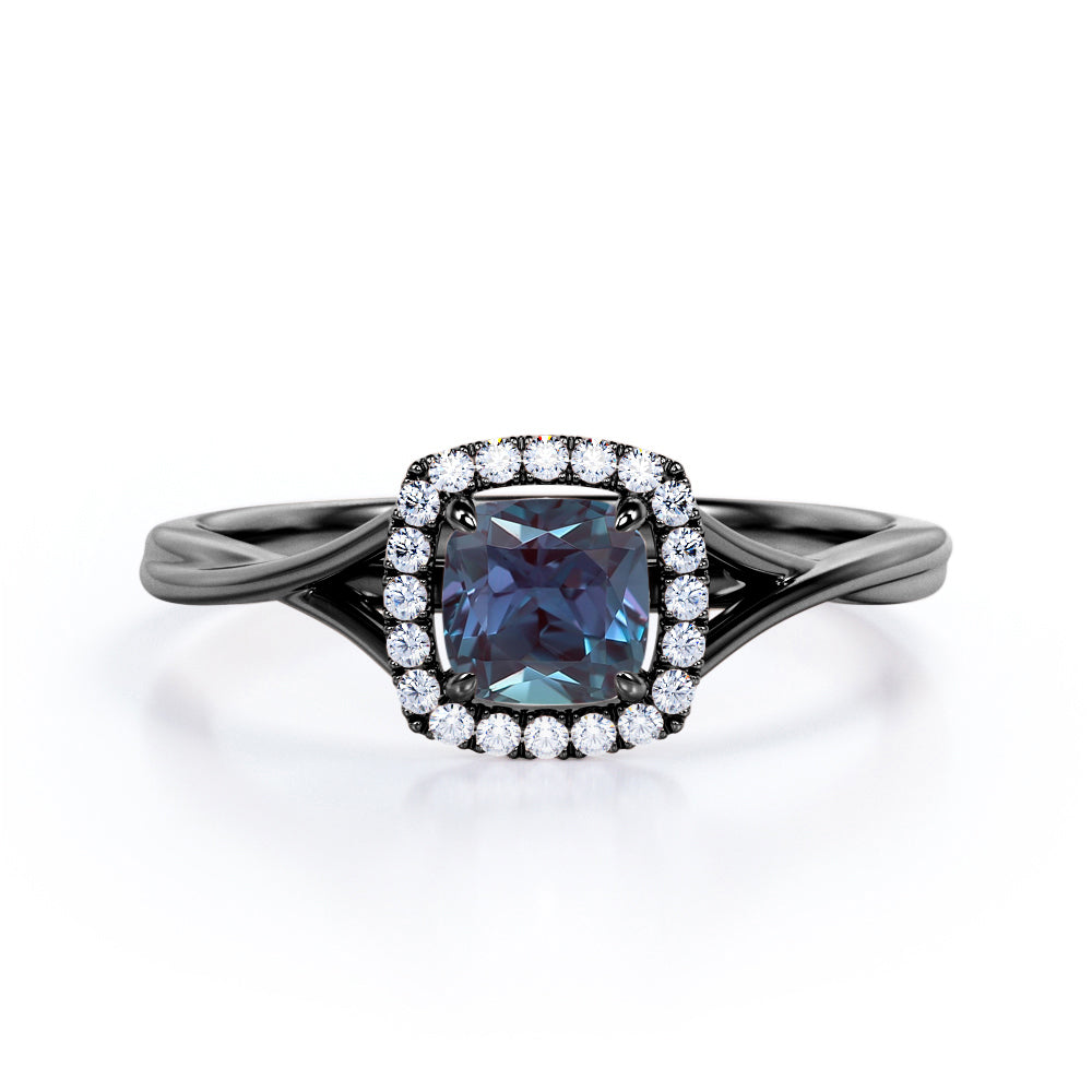 Eccentric Split Shank 1.25 carat Cushion Cut Lab made Alexandrite and diamond vintage inspired engagement ring in Rose gold