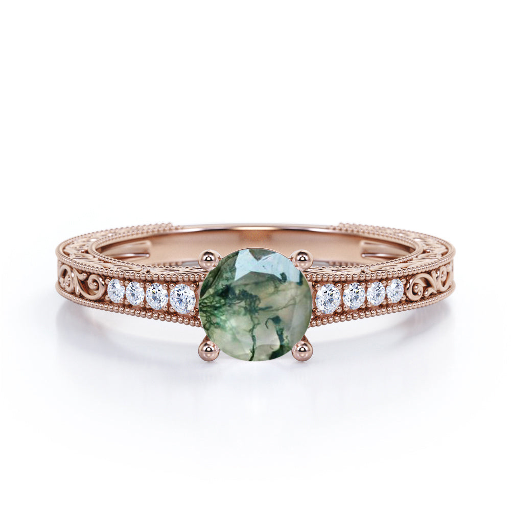 Aesthetic Victorian Scrollwork 1.25 carat Round cut Moss Green Agate and diamond engagement ring in White gold